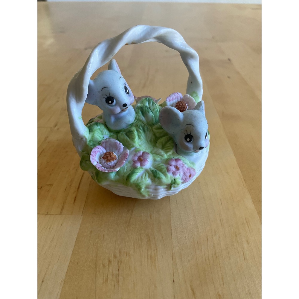 Vintage Porcelain Mice in Flower Basket Figurine Blue Mouse Miniature Decor 3"